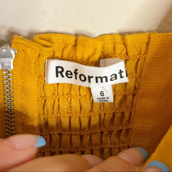Reformation | 100% Linen Puff Sleeve Bow Tie Mustard Yellow Mini Dress Sz: 6 - Picture 7 of 9